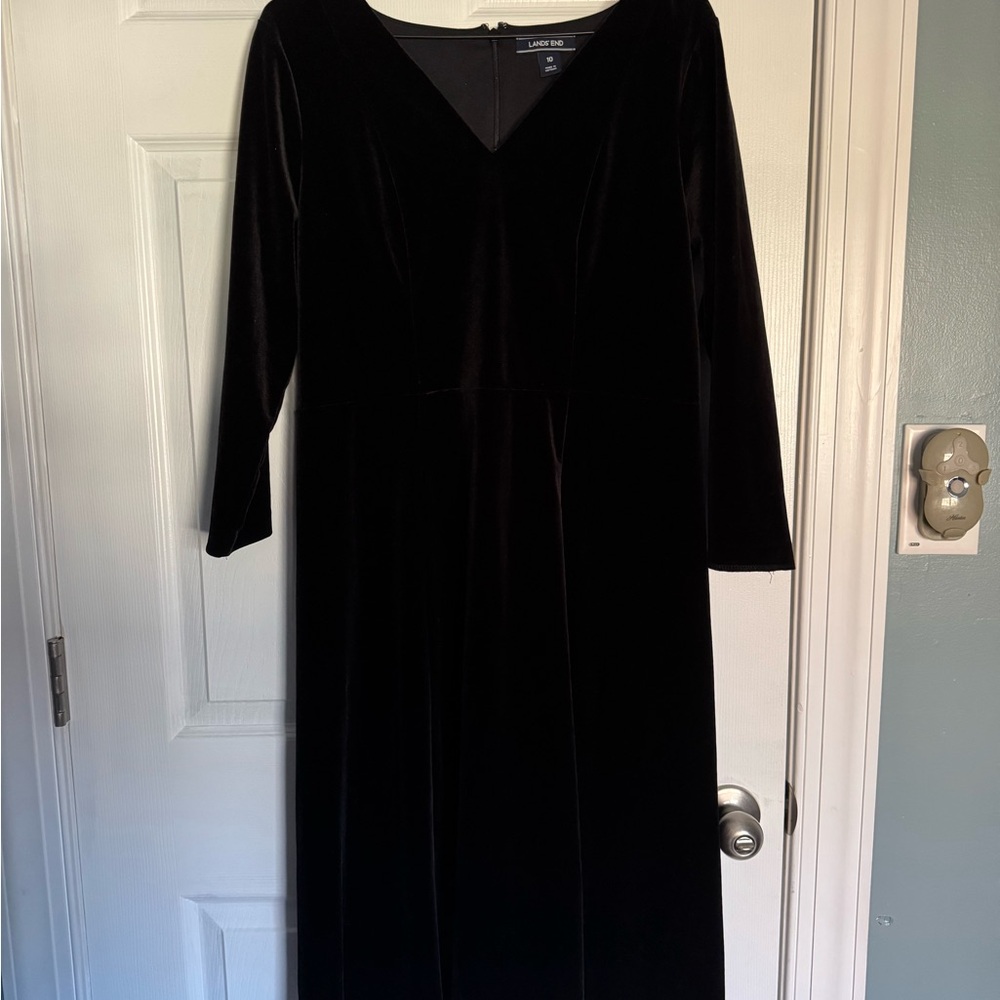 Lands' End Black Velvet V-Neck Long Sleeve Dress